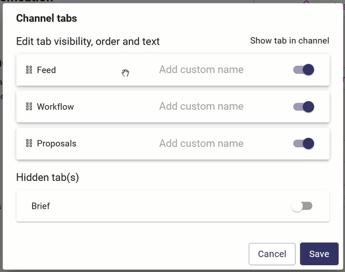 Drag and drop channel tab order